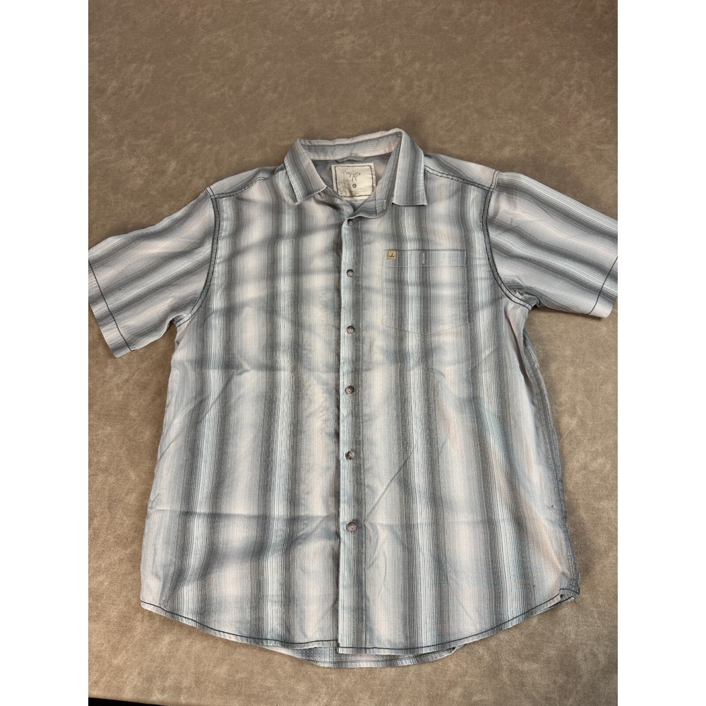 Prana Mens Logo Striped Short Sleeve Pocket Collared‎ Gray Button Up Shirt Large